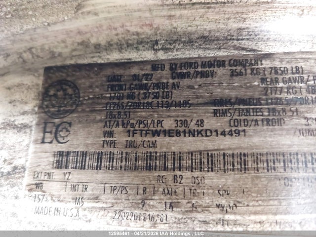 Продажа на аукционе авто 2022 Ford F-150 Xlt, vin: 1FTFW1E81NKD14491, номер лота: 12595461