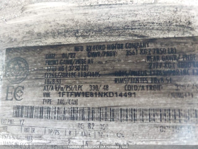 Продажа на аукционе авто 2022 Ford F-150 Xlt, vin: 1FTFW1E81NKD14491, номер лота: 12595461