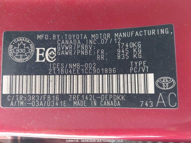 2012 Toyota Corolla Ce მანქანა იყიდება აუქციონზე, vin: 2T1BU4EE1CC901896, აუქციონის ნომერი: 12584135