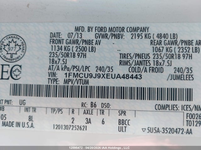 2014 Ford Escape Titanium მანქანა იყიდება აუქციონზე, vin: 1FMCU9J9XEUA48443, აუქციონის ნომერი: 12595472