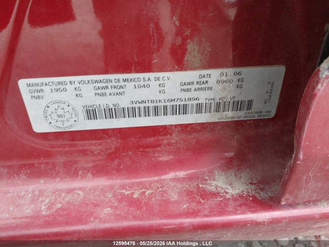 12595476 :رقم المزاد ، 3VWNT81K16M751896 vin ، 2006 Volkswagen Jetta Tdi مزاد بيع