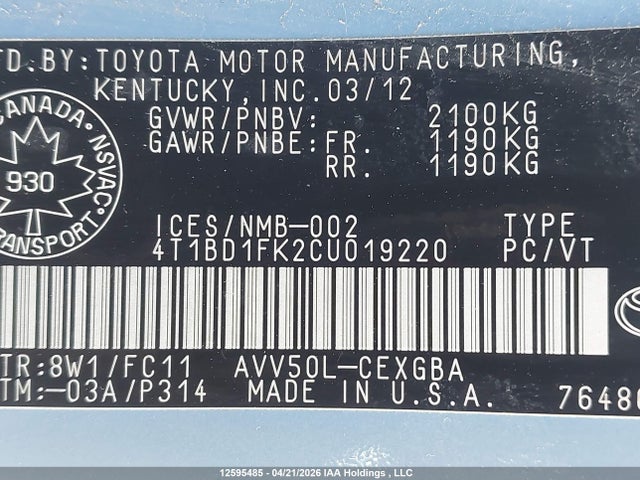 12595485 :رقم المزاد ، 4T1BD1FK2CU019220 vin ، 2012 Toyota Camry Hybrid/le/xle مزاد بيع