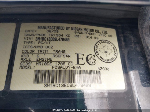 2009 Nissan Versa 1.8s მანქანა იყიდება აუქციონზე, vin: 3N1BC13E09L479469, აუქციონის ნომერი: 12595487