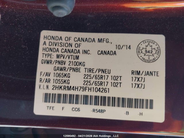 2HKRM4H79FH104261 Honda Cr-v Ex-l