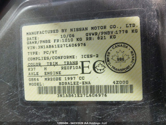 Продажа на аукционе авто 2007 Nissan Sentra 2.0/2.0s/2.0sl, vin: 3N1AB61E27L606976, номер лота: 12595494