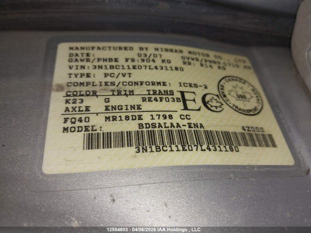 Aukcja sprzedaży 2007 Nissan Versa 1.8s, vin: 3N1BC11E07L431180, numer aukcji: 12584603