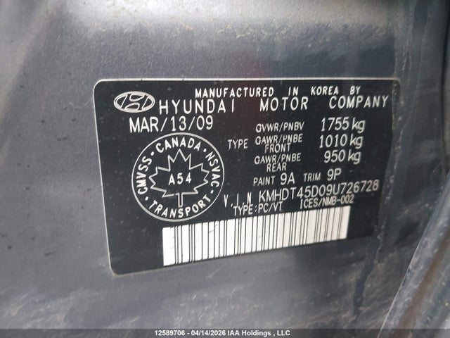 Продаж на аукціоні авто 2009 Hyundai Elantra Gl/gl Sport/gls/limited, vin: KMHDT45D09U726728, номер лоту: 12589706