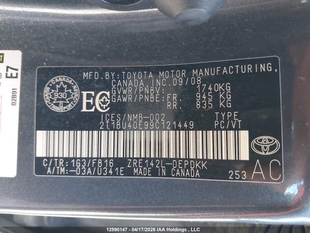 2009 Toyota Corolla Ce მანქანა იყიდება აუქციონზე, vin: 2T1BU40E99C121449, აუქციონის ნომერი: 12590147