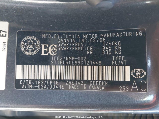 2009 Toyota Corolla Ce მანქანა იყიდება აუქციონზე, vin: 2T1BU40E99C121449, აუქციონის ნომერი: 12590147