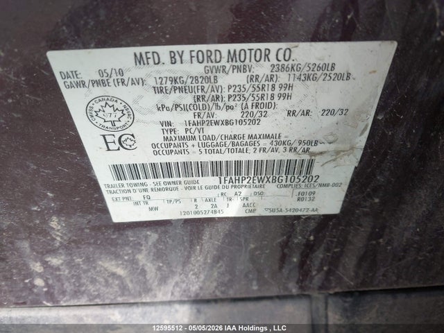 Продажа на аукционе авто 2011 Ford Taurus Sel, vin: 1FAHP2EWXBG105202, номер лота: 12595512