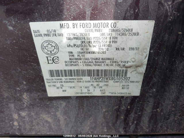 Продажа на аукционе авто 2011 Ford Taurus Sel, vin: 1FAHP2EWXBG105202, номер лота: 12595512