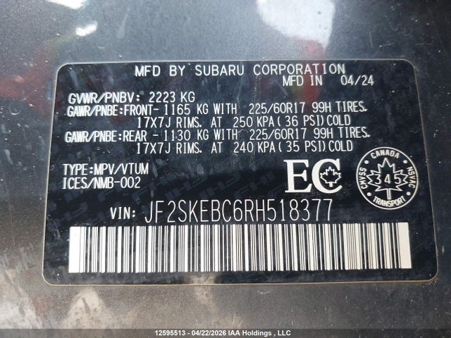 Продажа на аукционе авто 2024 Subaru Forester, vin: JF2SKEBC6RH518377, номер лота: 12595513