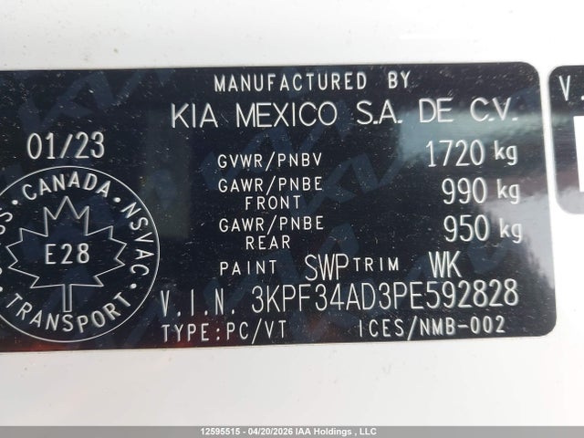 12595515 :رقم المزاد ، 3KPF34AD3PE592828 vin ، 2023 Kia Forte Ex/ex Premium/ex+/gt-line مزاد بيع