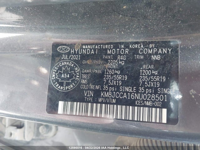 2022 Hyundai Tucson Ultimate Hybrid Awd მანქანა იყიდება აუქციონზე, vin: KM8JCCA16NU028501, აუქციონის ნომერი: 12595516