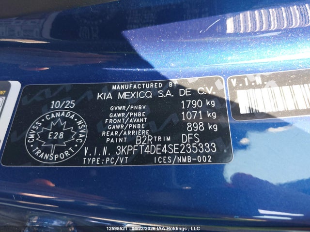 3KPFT4DE4SE235333 KIA K4 Lx/lxs