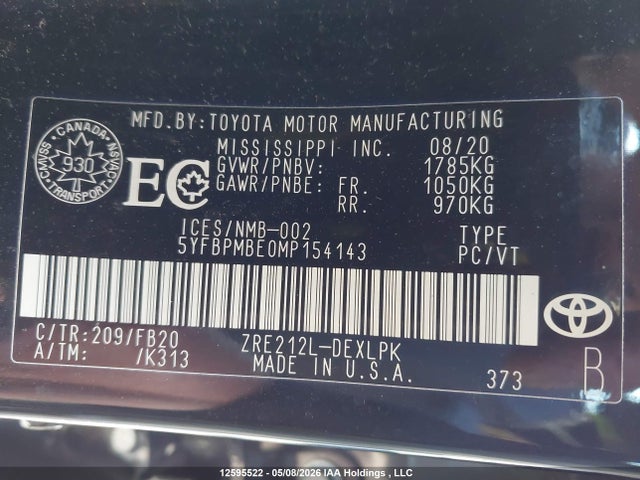 12595522 :رقم المزاد ، 5YFBPMBE0MP154143 vin ، 2021 Toyota Corolla Le مزاد بيع