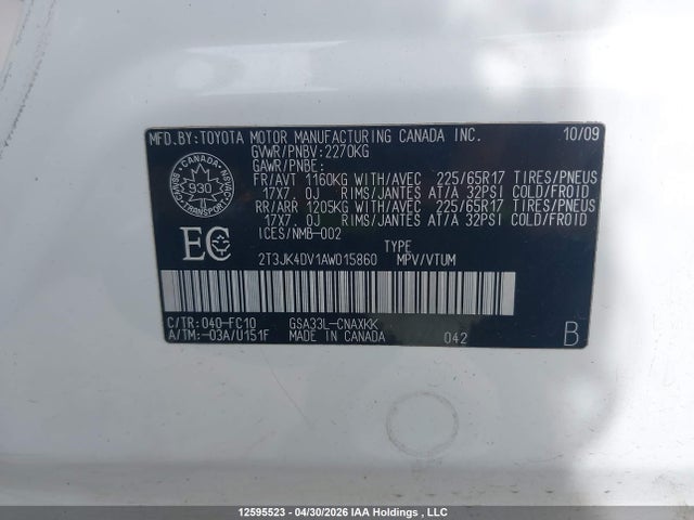 12595523 :رقم المزاد ، 2T3JK4DV1AW015860 vin ، 2010 Toyota Rav4 مزاد بيع