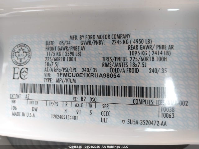 12595525 :رقم المزاد ، 1FMCU0E1XRUA98054 vin ، 2024 Ford Escape مزاد بيع