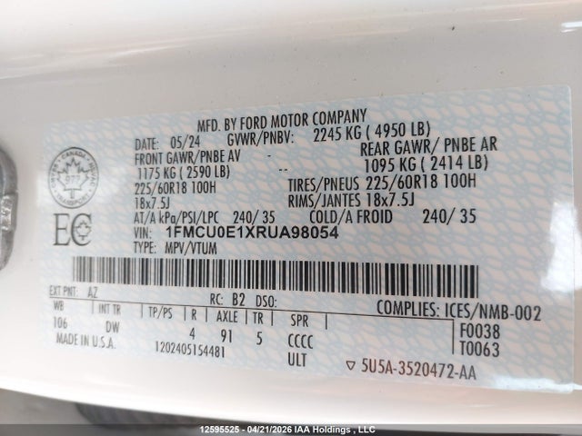 12595525 :رقم المزاد ، 1FMCU0E1XRUA98054 vin ، 2024 Ford Escape مزاد بيع