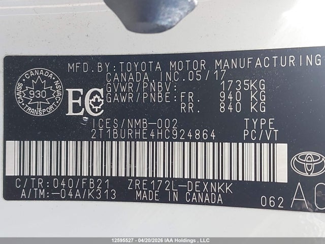 12595527 :رقم المزاد ، 2T1BURHE4HC924864 vin ، 2017 Toyota Corolla مزاد بيع