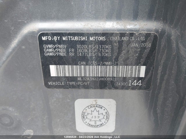 Продажа на аукционе авто 2018 Mitsubishi Mirage Es, vin: ML32A3HJ2JH008921, номер лота: 12595528