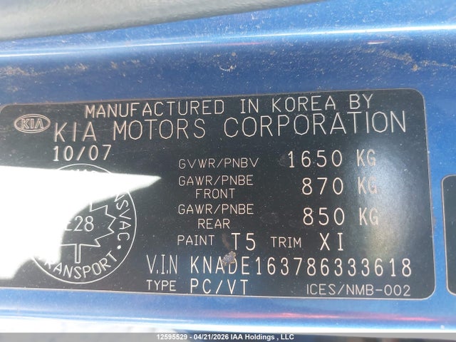 Aukcja sprzedaży 2008 Kia Rio5 Ex/ex-convenience/ex-sport, vin: KNADE163786333618, numer aukcji: 12595529