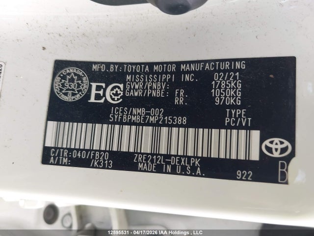 2021 Toyota Corolla Le მანქანა იყიდება აუქციონზე, vin: 5YFBPMBE7MP215388, აუქციონის ნომერი: 12595531
