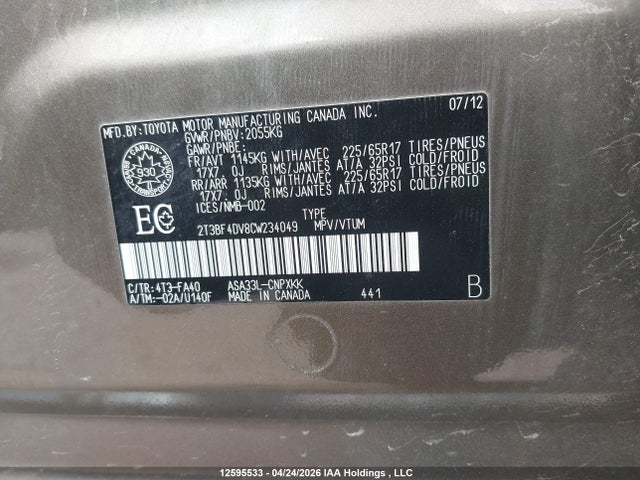 2012 Toyota Rav4 მანქანა იყიდება აუქციონზე, vin: 2T3BF4DV8CW234049, აუქციონის ნომერი: 12595533