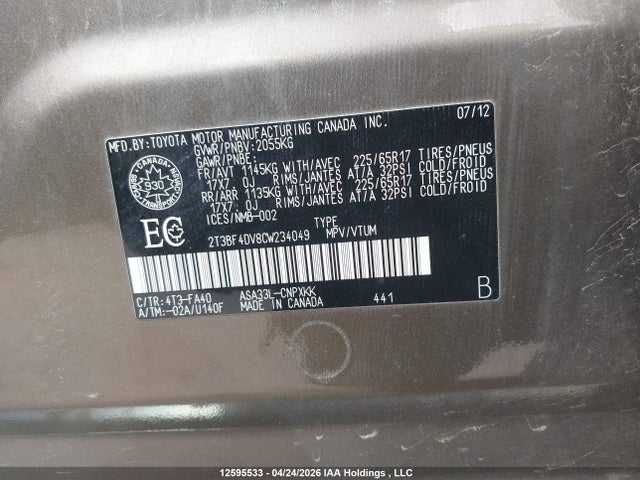 2012 Toyota Rav4 მანქანა იყიდება აუქციონზე, vin: 2T3BF4DV8CW234049, აუქციონის ნომერი: 12595533