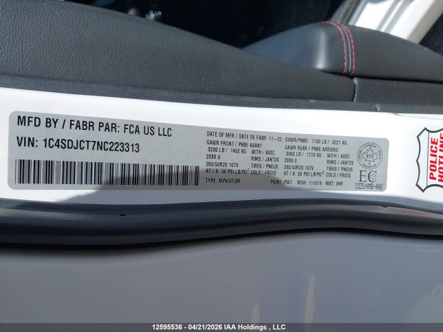 Продажа на аукционе авто 2022 Dodge Durango R/t Plus, vin: 1C4SDJCT7NC223313, номер лота: 12595536