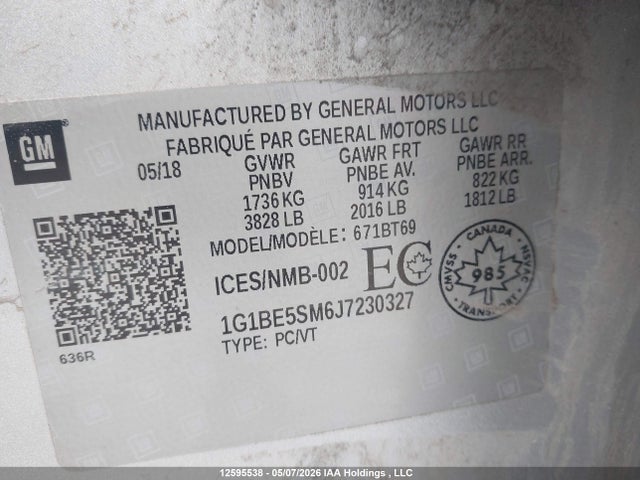 12595538 :رقم المزاد ، 1G1BE5SM6J7230327 vin ، 2018 Chevrolet Cruze Lt Auto مزاد بيع