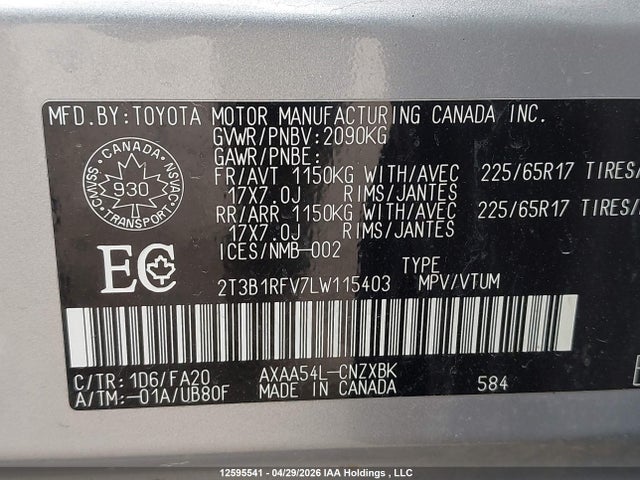 2020 Toyota Rav4 Le მანქანა იყიდება აუქციონზე, vin: 2T3B1RFV7LW115403, აუქციონის ნომერი: 12595541