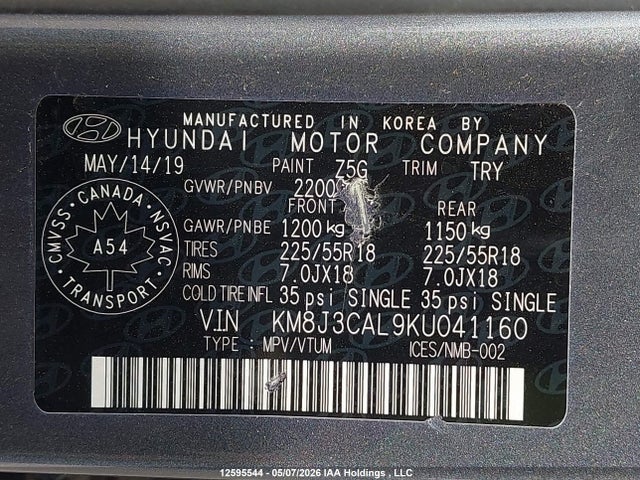 12595544 :رقم المزاد ، KM8J3CAL9KU041160 vin ، 2019 Hyundai Tucson Luxury مزاد بيع