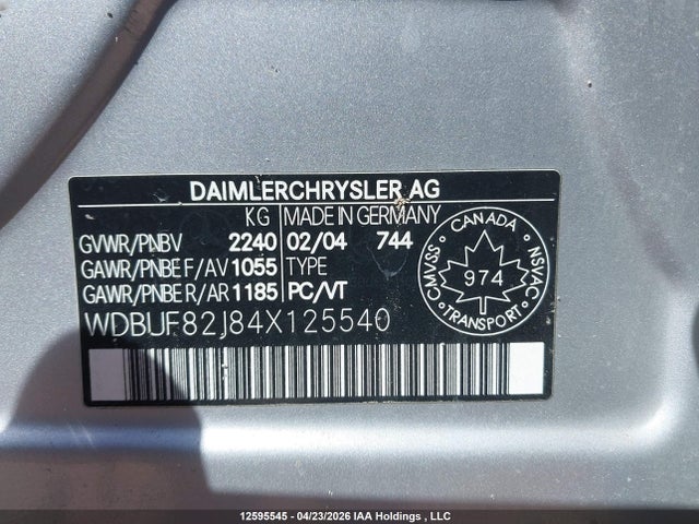 Aukcja sprzedaży 2004 Mercedes-benz E 320 4matic, vin: WDBUF82J84X125540, numer aukcji: 12595545