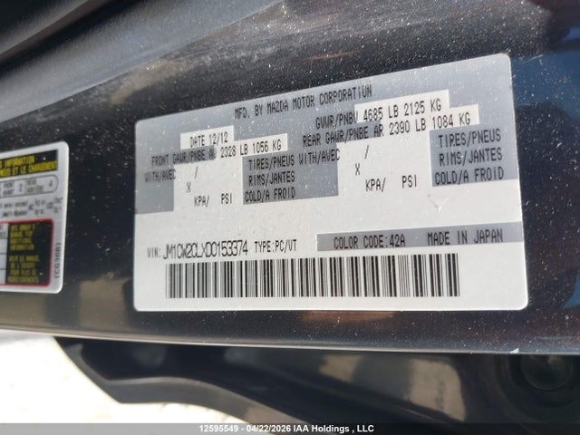 12595549 :رقم المزاد ، JM1CW2CLXD0153374 vin ، 2013 Mazda Mazda5 مزاد بيع