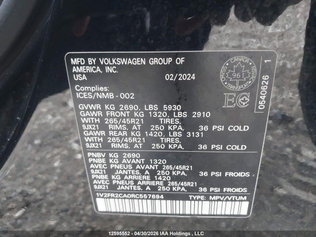 Auction sale of the 2024 Volkswagen Atlas, vin: 1V2FR2CA0RC557694, lot number: 12595552
