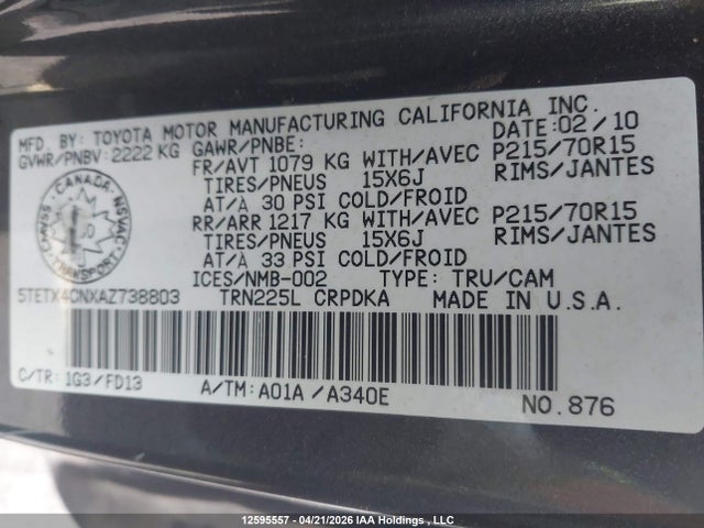 2010 Toyota Tacoma Access Cab მანქანა იყიდება აუქციონზე, vin: 5TETX4CNXAZ738803, აუქციონის ნომერი: 12595557
