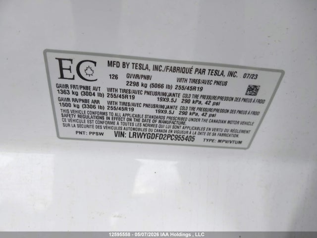 12595558 :رقم المزاد ، LRWYGDFD2PC955405 vin ، 2023 Tesla Model Y Rwd مزاد بيع
