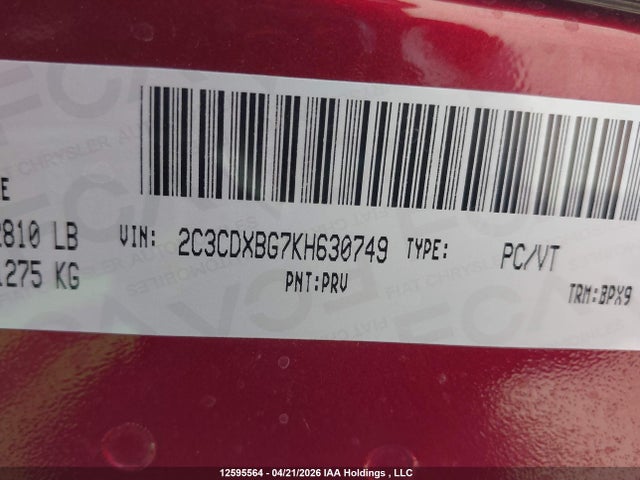 12595564 :رقم المزاد ، 2C3CDXBG7KH630749 vin ، 2019 Dodge Charger Sxt مزاد بيع