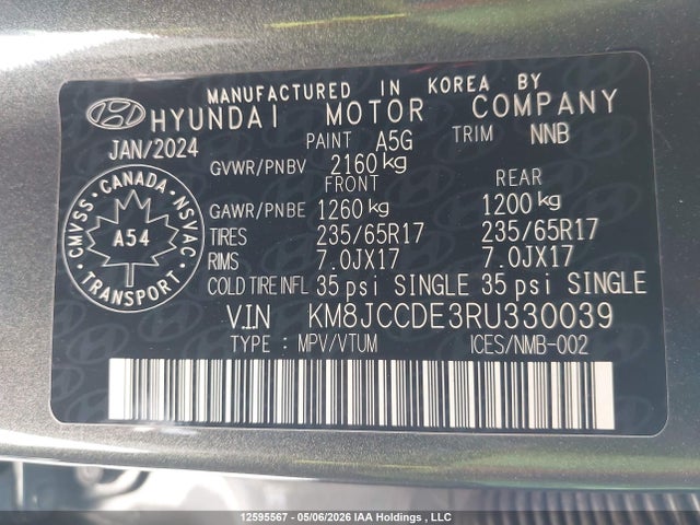 2024 Hyundai Tucson Sel მანქანა იყიდება აუქციონზე, vin: KM8JCCDE3RU330039, აუქციონის ნომერი: 12595567