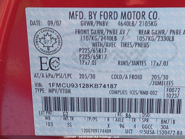 2008 Ford Escape Xlt მანქანა იყიდება აუქციონზე, vin: 1FMCU93128KB74187, აუქციონის ნომერი: 12595569