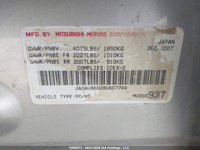 Aukcja sprzedaży 2008 Mitsubishi Lancer Gts, vin: JA3AU86U28U607764, numer aukcji: 12595573