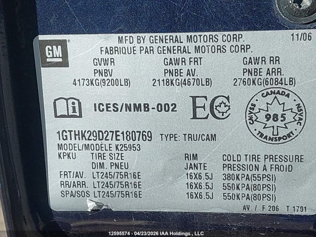 12595574 :رقم المزاد ، 1GTHK29D27E180769 vin ، 2007 Gmc Sierra 2500hd Sl/sle/slt مزاد بيع