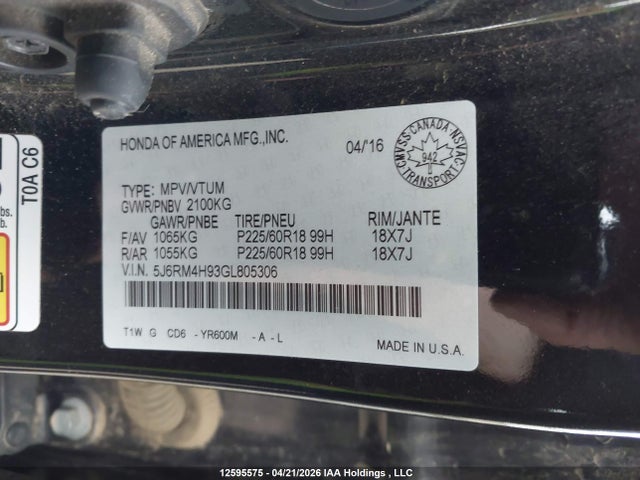 Aukcja sprzedaży 2016 Honda Cr-v Touring, vin: 5J6RM4H93GL805306, numer aukcji: 12595575