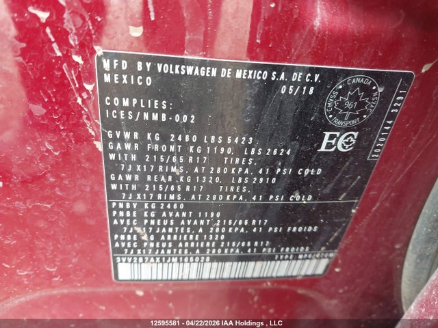 Aukcja sprzedaży 2018 Volkswagen Tiguan Comfortline, vin: 3VV2B7AX1JM165028, numer aukcji: 12595581