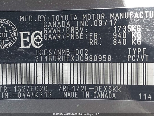 2018 Toyota Corolla L/le/xle/se/xse მანქანა იყიდება აუქციონზე, vin: 2T1BURHEXJC980958, აუქციონის ნომერი: 12595584