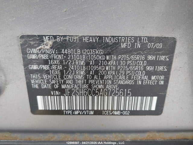Aukcja sprzedaży 2010 Subaru Forester 2.5 X Touring Package, vin: JF2SH6CC5AG725615, numer aukcji: 12595587