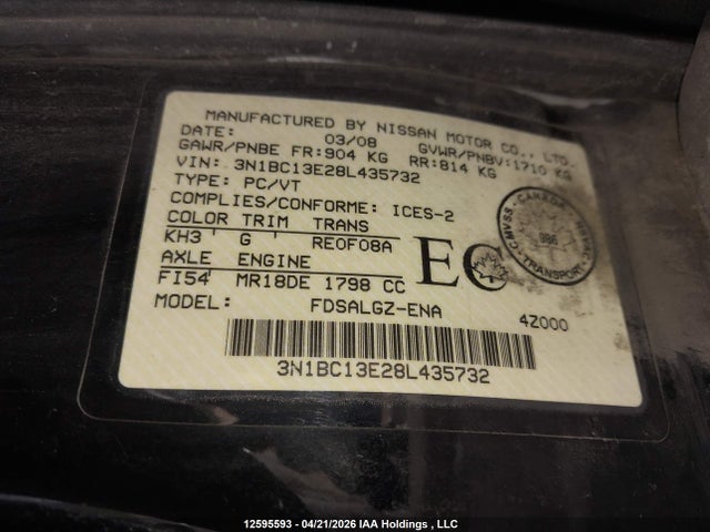 Продажа на аукционе авто 2008 Nissan Versa S/sl, vin: 3N1BC13E28L435732, номер лота: 12595593