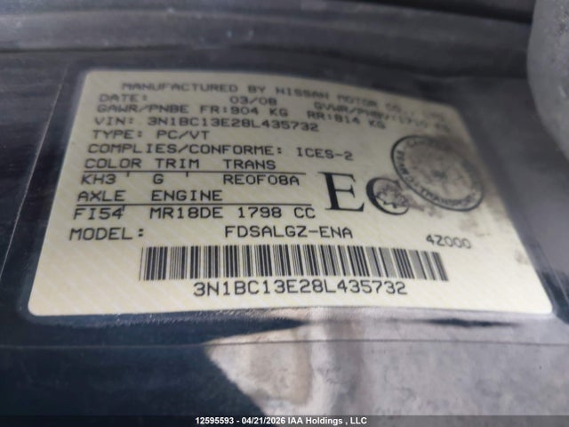 Продажа на аукционе авто 2008 Nissan Versa S/sl, vin: 3N1BC13E28L435732, номер лота: 12595593