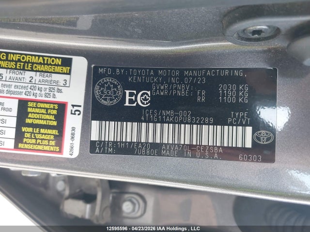2023 Toyota Camry Se Night Shade/se მანქანა იყიდება აუქციონზე, vin: 4T1G11AK0PU832289, აუქციონის ნომერი: 12595596